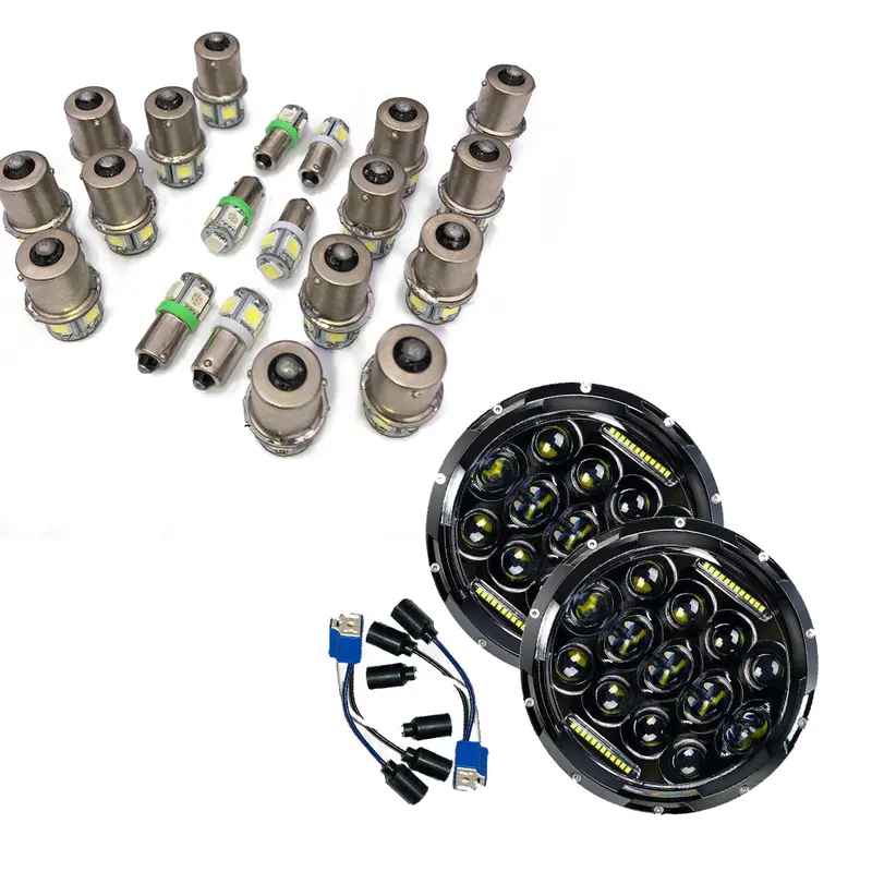 22 Piece Bulb Led Upgrade Kit + L.E.D. Military Headlights With Black Bezel - Headlight Plug & Play - One Pair 1