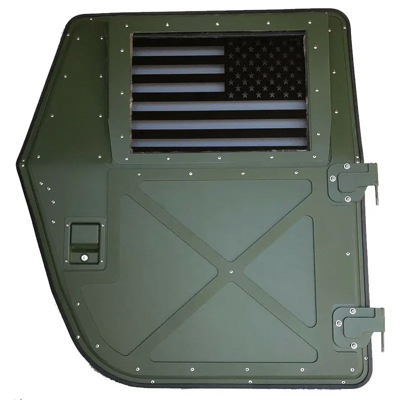 Grey Tinted Window + American Flag Vinyl Sticker (Interior) - Laminated Glass 3/8" Thick - Fits Humvee X-Door Windows - Replacement Glass 1