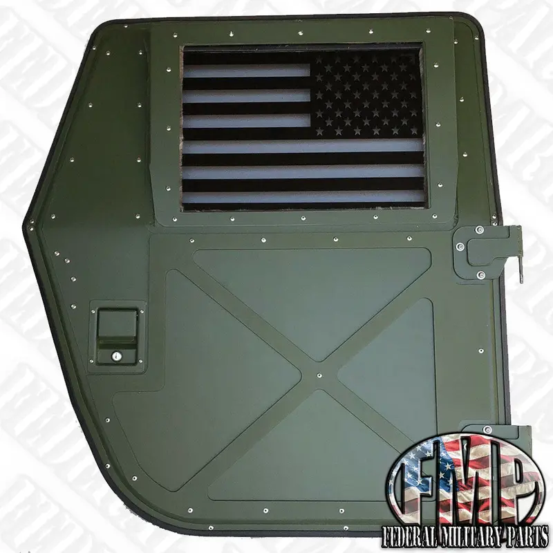 Grey Tinted Window + American Flag Vinyl Sticker (Interior) - Laminated Glass 3/8" Thick - Fits Humvee X-Door Windows - Replacement Glass 2