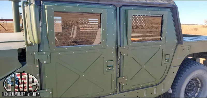 Grey Tinted Window + American Flag Vinyl Sticker (Interior) - Laminated Glass 3/8" Thick - Fits Humvee X-Door Windows - Replacement Glass 2