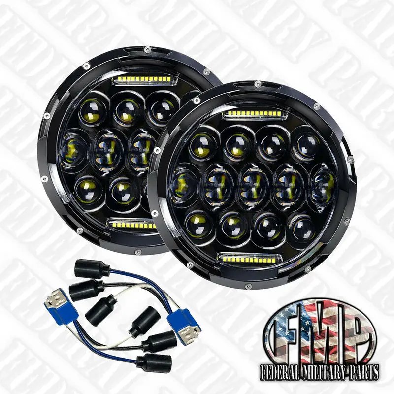 Headlights 5-Ton L.E.D. Black Bezel Pair Head Light Plug & Play 75W Fits Humvee Hmmwv 2