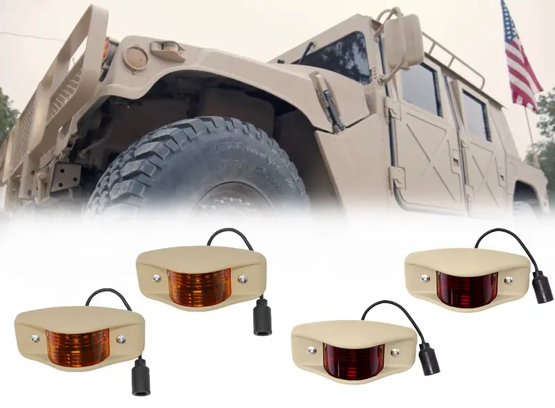 Side Marker Lights- Set Of 4 (2 Front + 2 Rear) Amber And Red Lens, Universal, Fits All Military Vehicles - Fits Humvee M998 Hmmwv 1