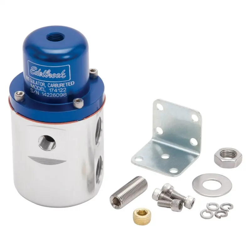Edelbrock Fuel Pressure Regulator Carbureted 160 Gph 5-10 Psi 3/8In In/Out Returnless Blue/Clear 2